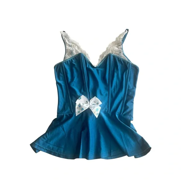 Coquette Teal Satin Lace Corset Peplum Top with Removable Bow - Picture 5 of 5